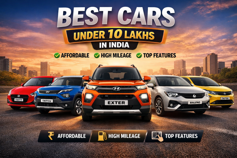 Best cars under 10 lakhs in India including Maruti Suzuki Swift, Tata Punch, Hyundai Exter, Baleno and Tiago with mileage and features