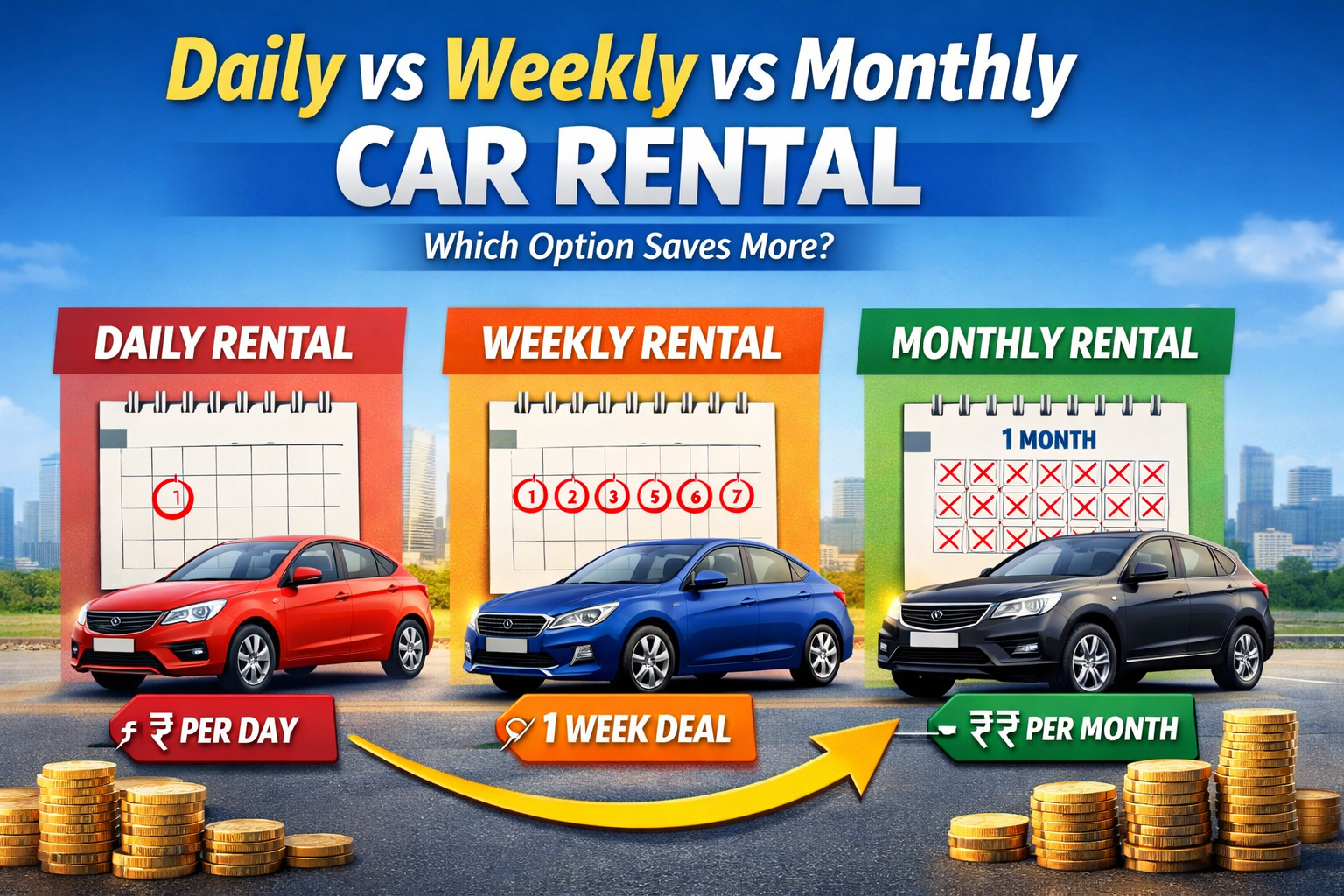 daily vs weekly vs monthly car rental comparison showing cost savings in self drive car rental Ghaziabad