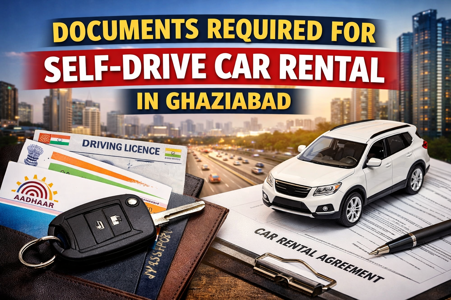 Documents required for self drive car rental in Ghaziabad including driving license Aadhaar card and car keys