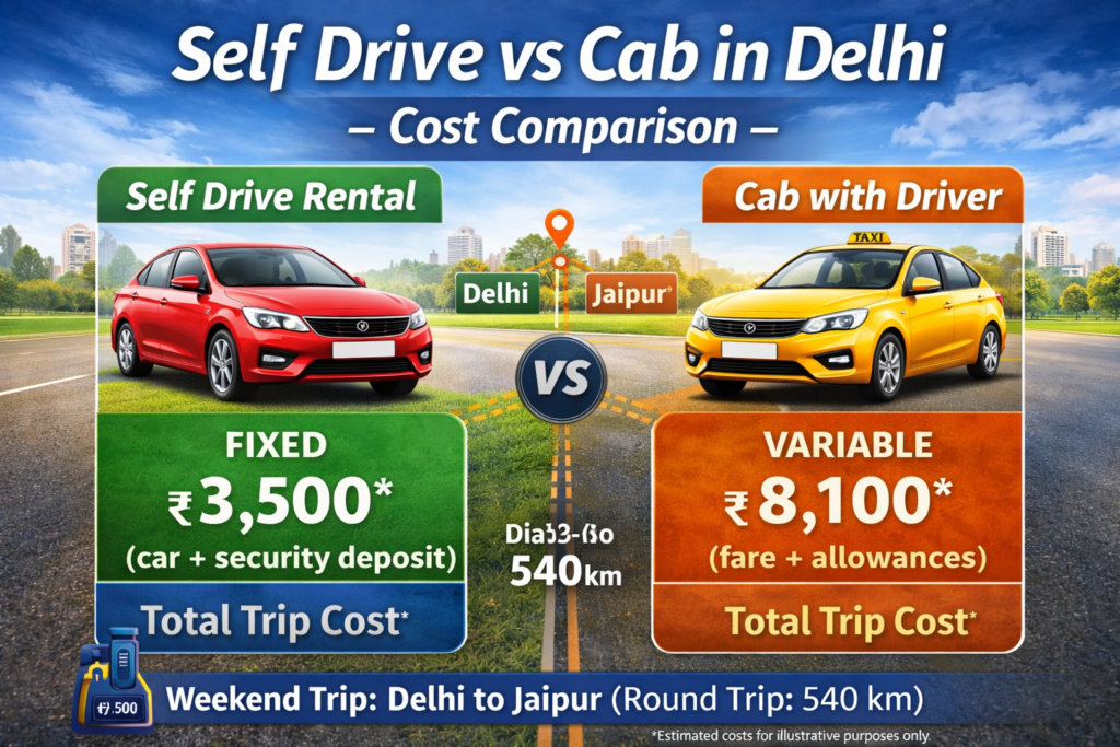 self drive vs cab in Delhi cost comparison for weekend travel showing cheaper self drive car rental Delhi NCR vs taxi fare