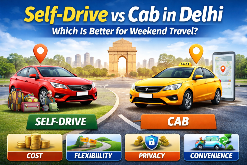 self drive vs cab in Delhi comparison for weekend travel showing cost flexibility and benefits of self drive car rental Delhi NCR